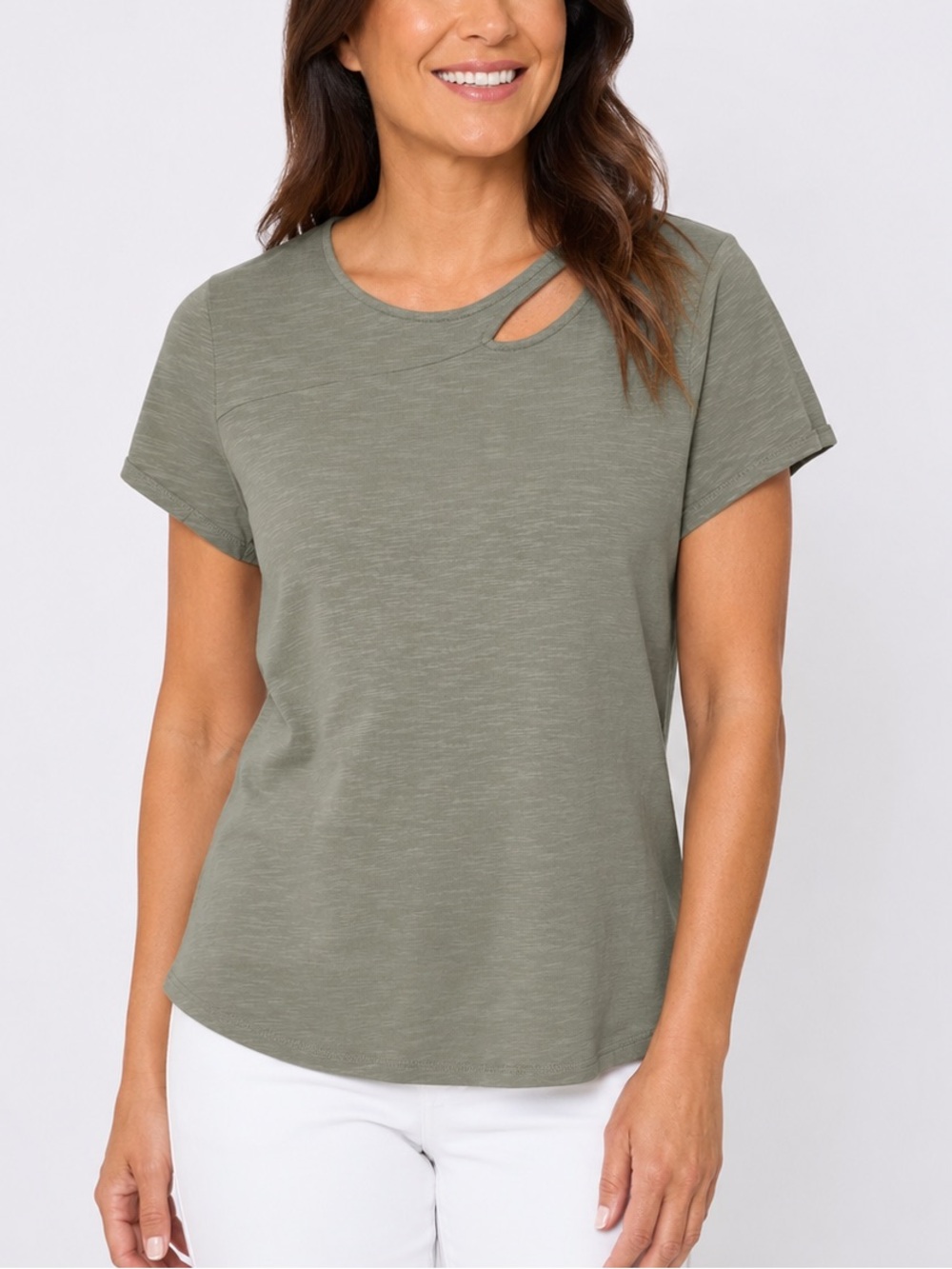 Chico’s‎ Size 1 Olive Green Cutout Neck Tee Short Sleeve Slub Cotton Top Medium